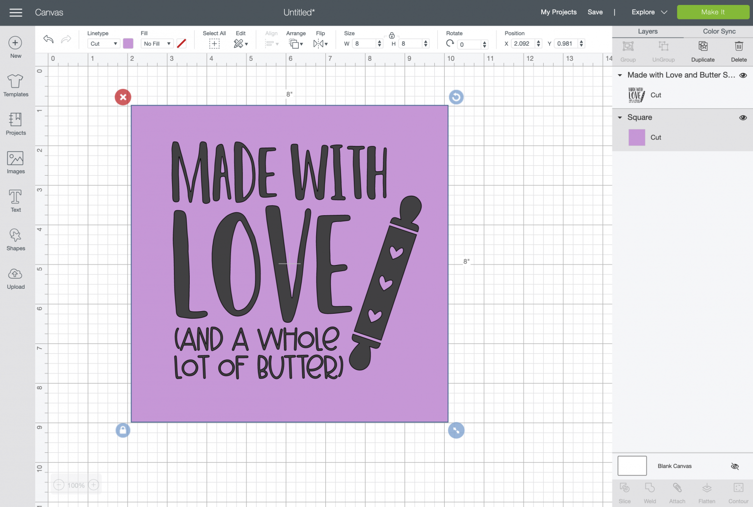 Cricut Design Space: Image and square together.