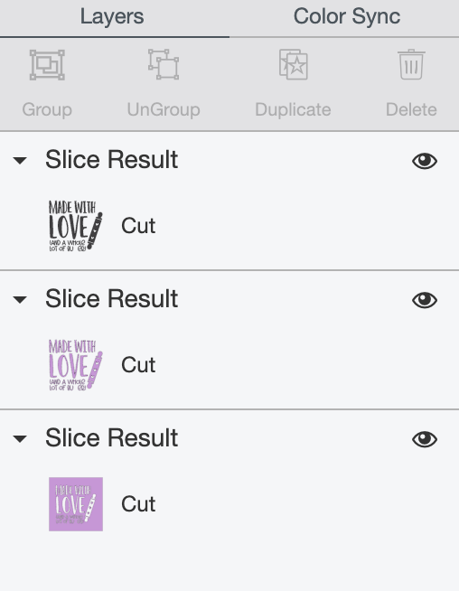 Cricut Design Space: slice result in Layers Panel.