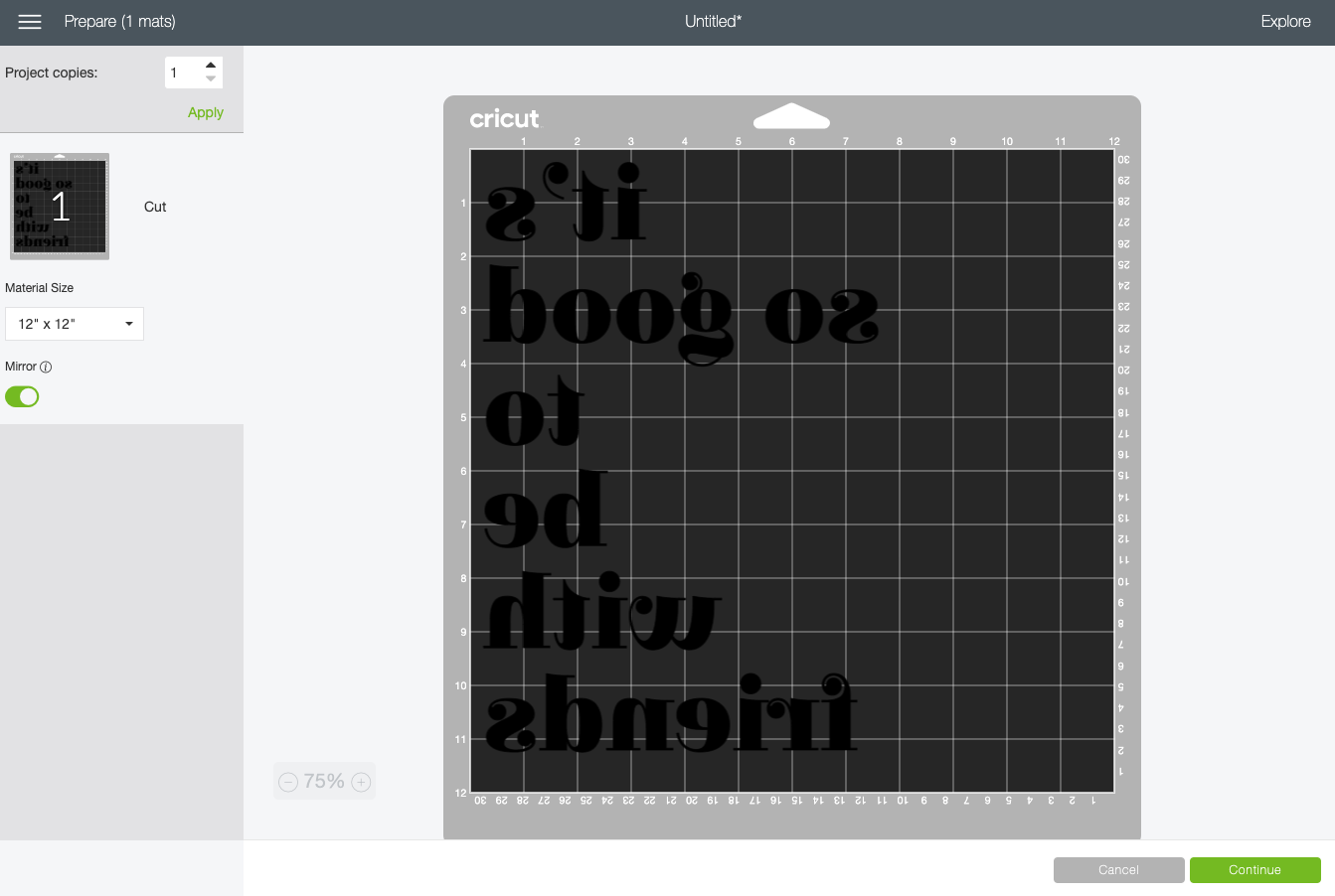 Cricut Design Space: Image on cutting mat in Prepare Screen