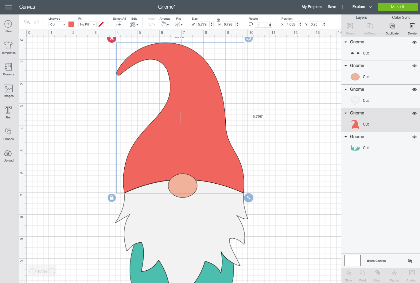 Cricut Design Space: just the gnome hat selected