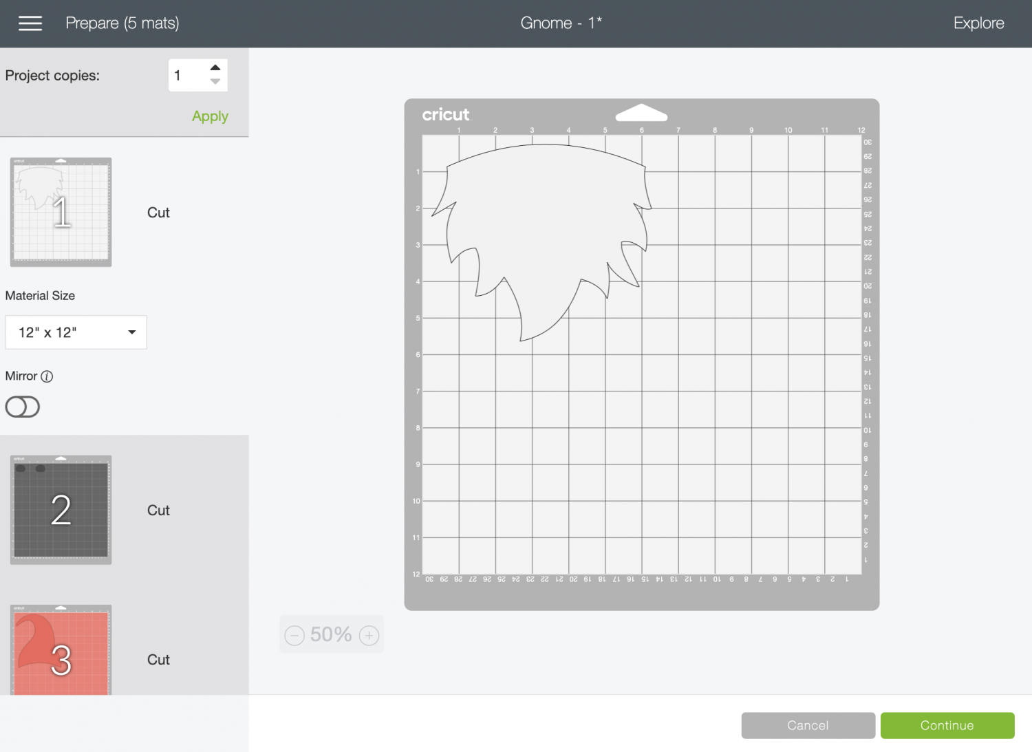 Cricut Design Space: the Prepare Screen with five mats.