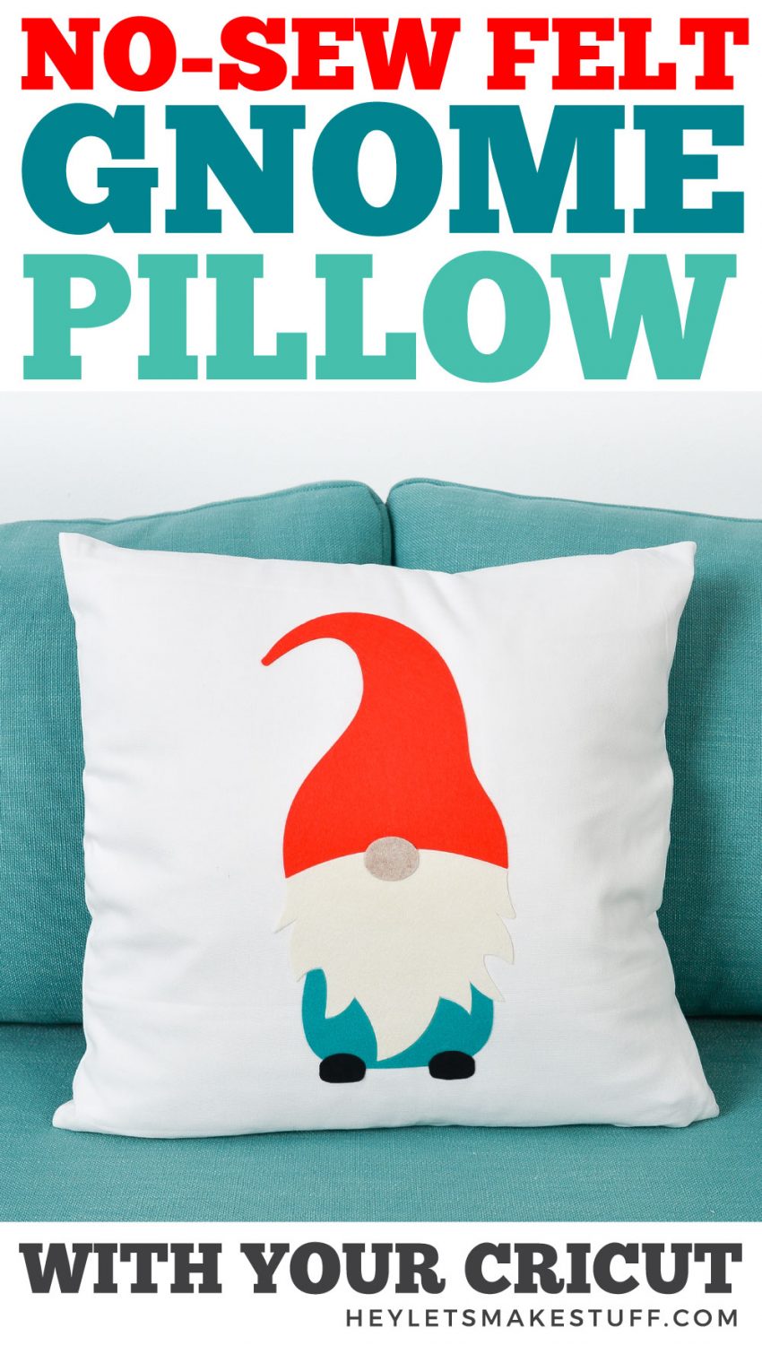 Gnome pillow on an aqua colored sofa