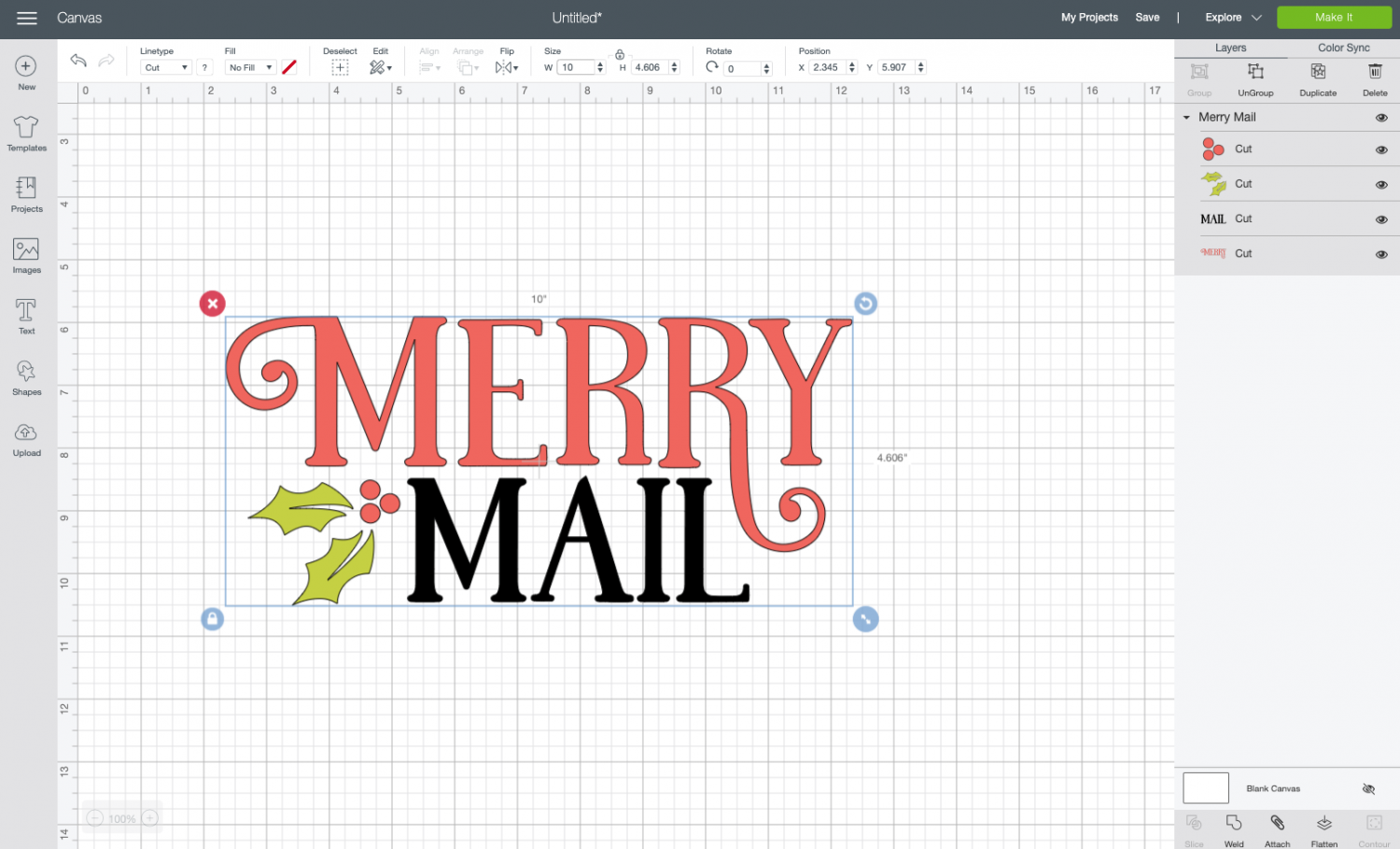 Cricut Design Space: resized Merry Mail file.