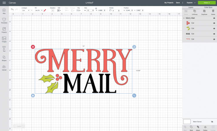 Cricut Design Space: resized Merry Mail file.