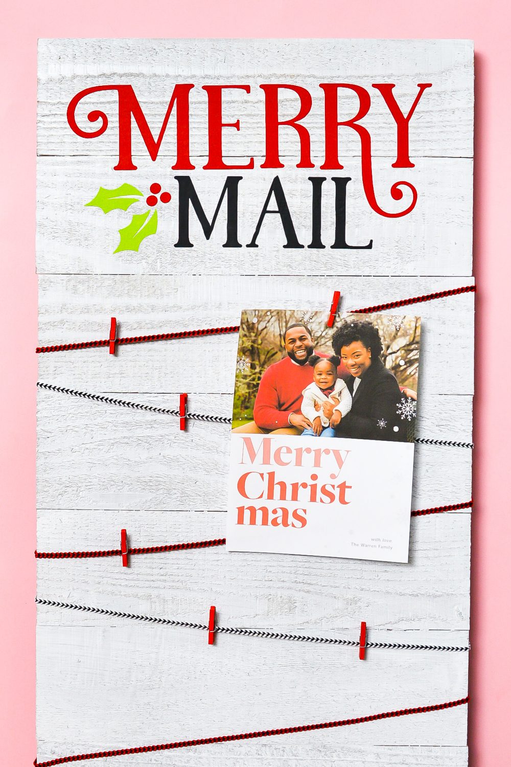 Finished Merry Mail Christmas Card Display on pink background