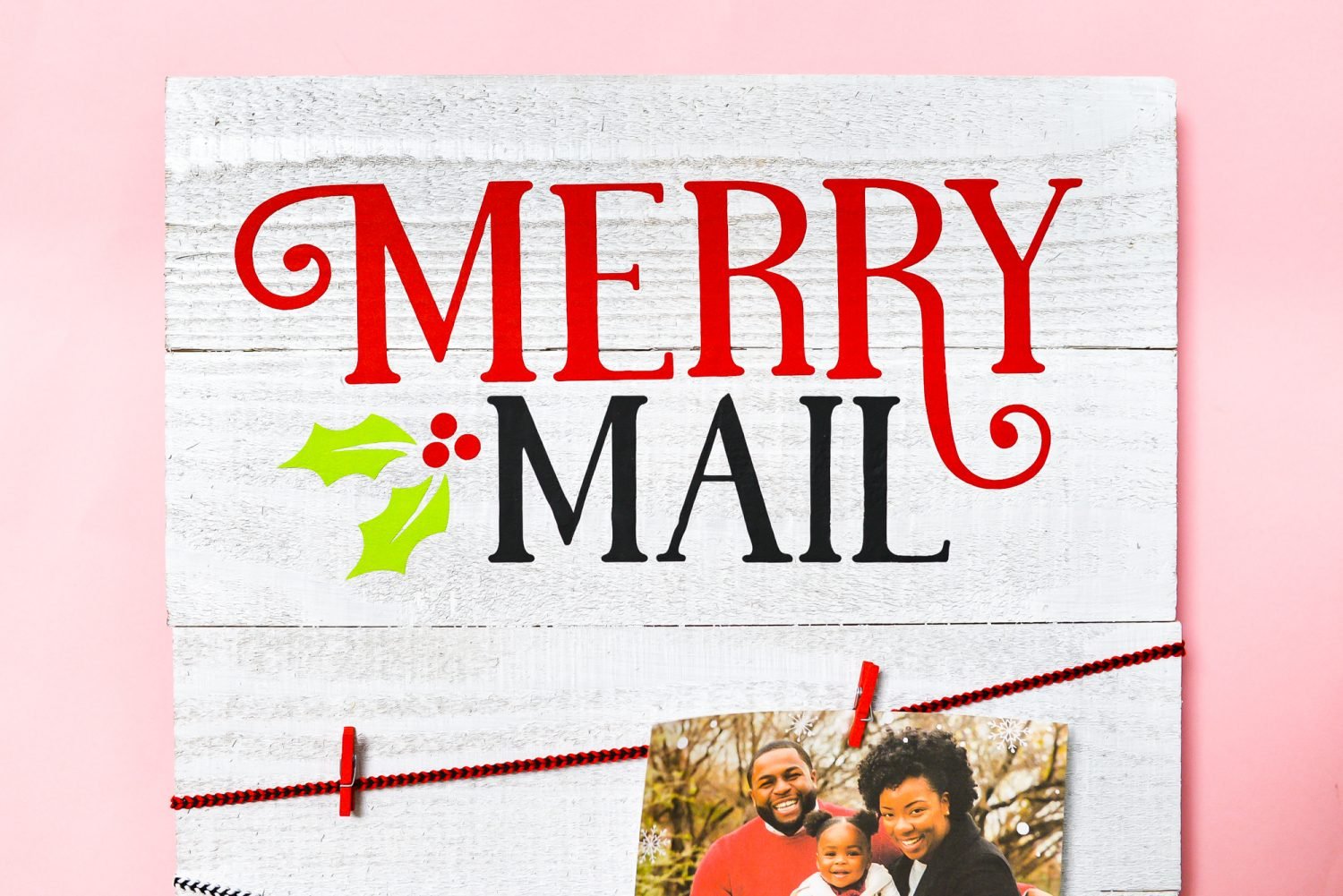 Finished Merry Mail Christmas Card Display on pink background