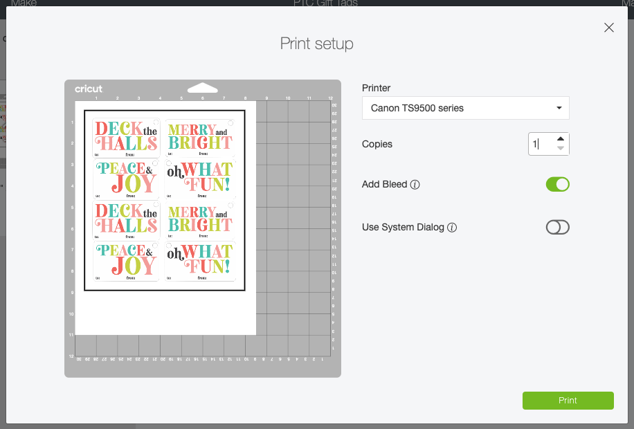 Cricut Design Space: showing print settings