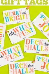 Cricut Print then Cut Christmas gift tags with sayings such as "Oh what Fun", "Deck the Halls", "Merry and Bright" and more