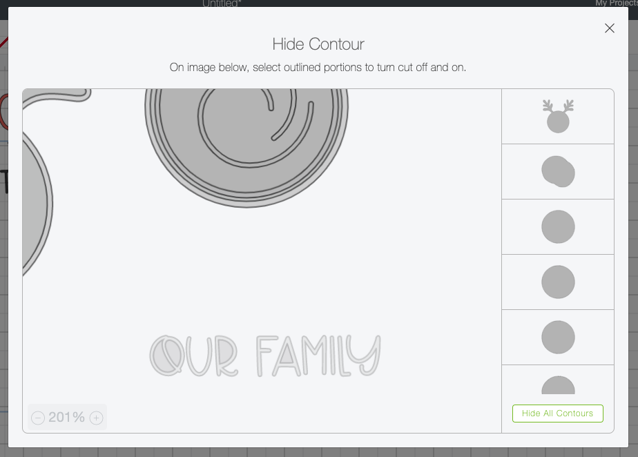 Cricut Design Space: Contour tool being used to delete "our family."