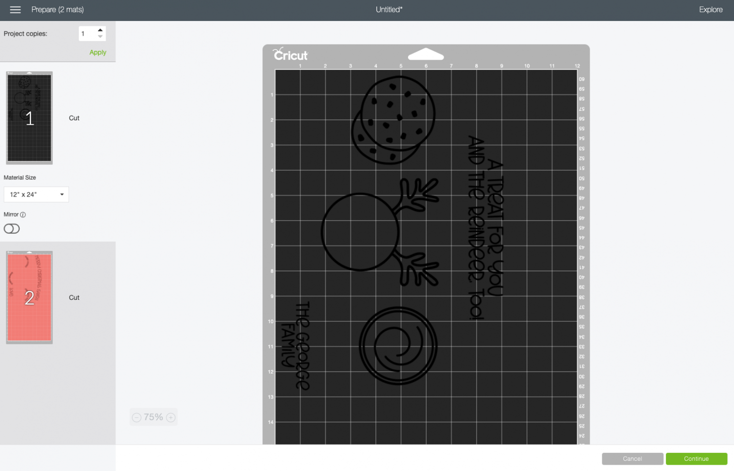 Cricut Design Space: Prepare Screen showing two cutting mats.