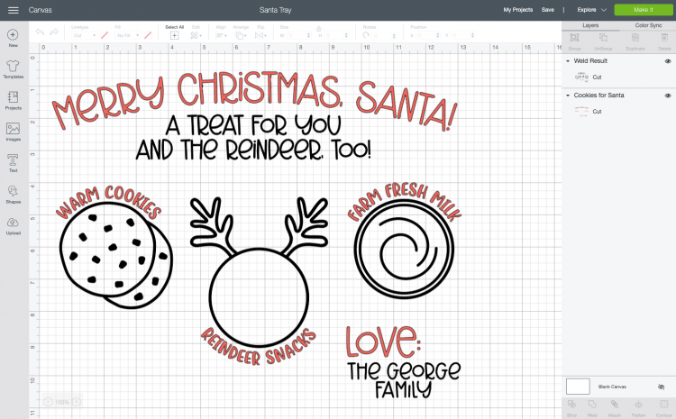 Image in Design Space of the design to make the Cookies for Santa Tray