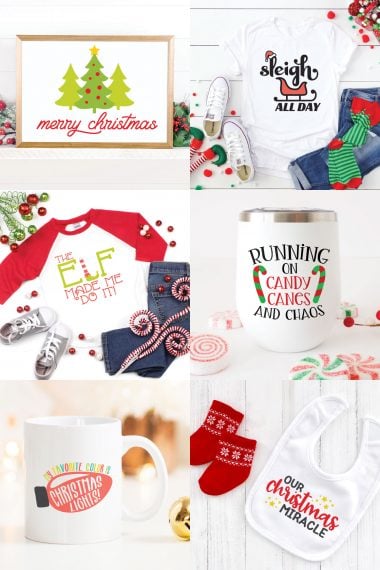 Collage of pictures displaying a Christmas SVG Bundle to use for your craft and gift ideas