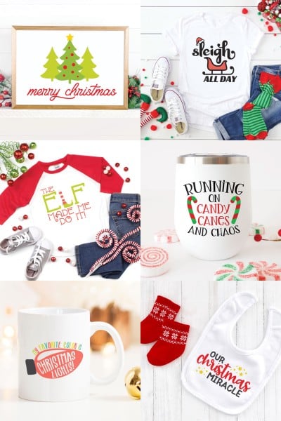 Collage of pictures displaying a Christmas SVG Bundle to use for your craft and gift ideas