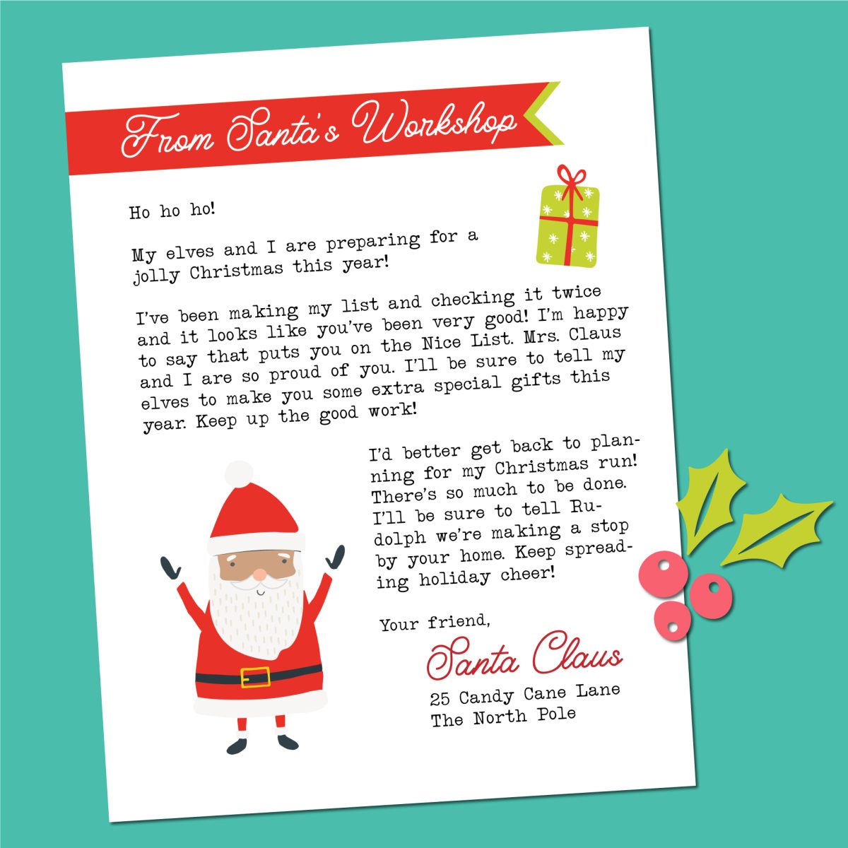 Letter from Santa on a teal background