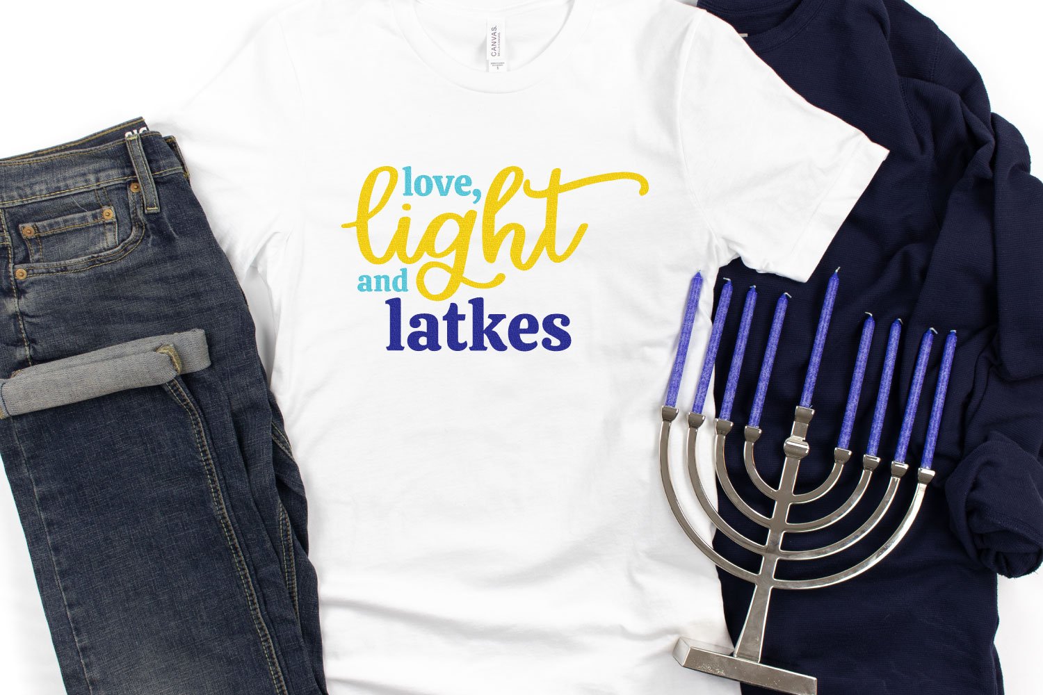 Love, Light and Latkes on white t-shirt