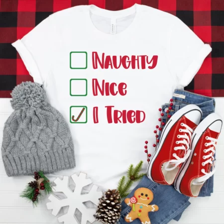 White t-shirt with checkboxes next to the words Naughty, Nice and I Tried