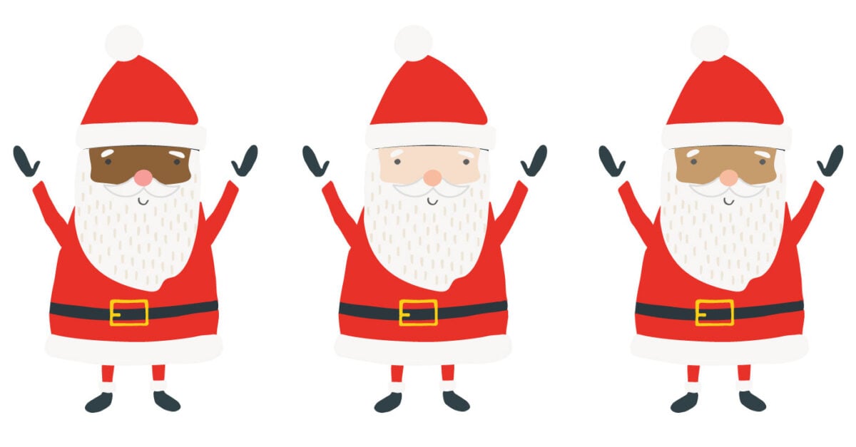 Three Santas with Various Skin Tones: Black Santa, White Santa, Brown Santa