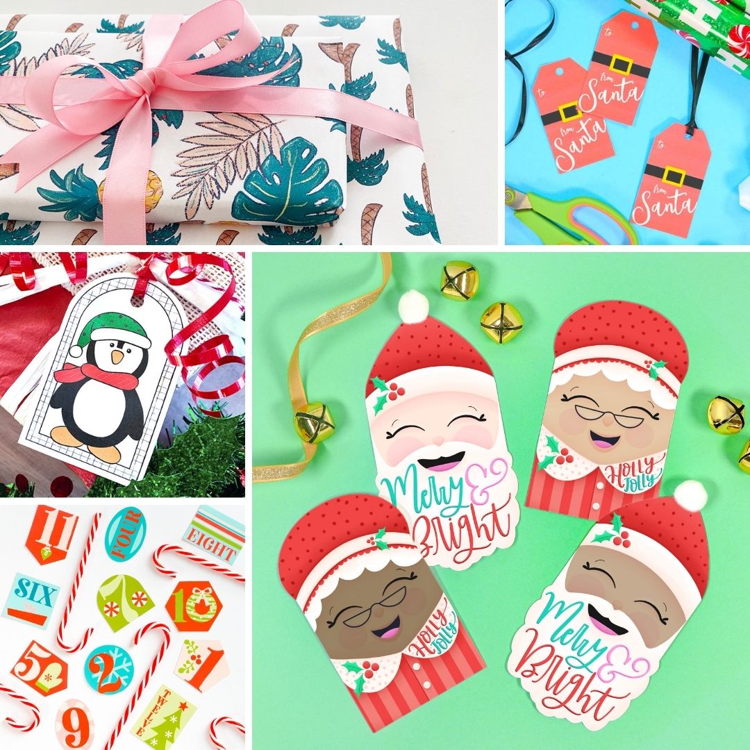 Collage of pictures of printable Christmas gift tags