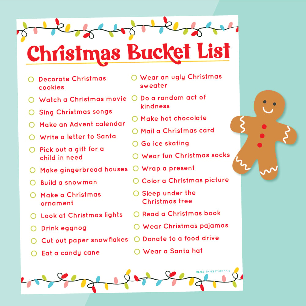 Christmas bucket list on blue background with gingerbread man.