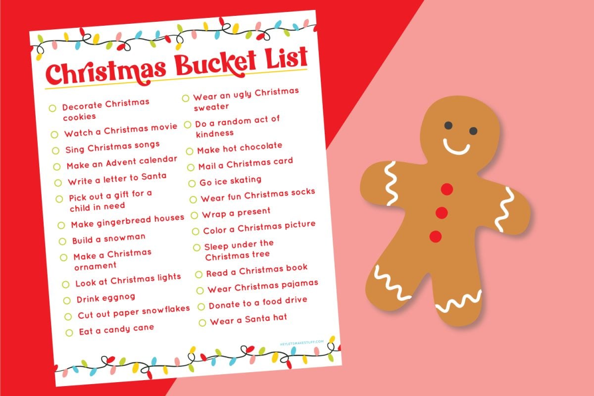 Christmas bucket list on pink and red background with gingerbread man.