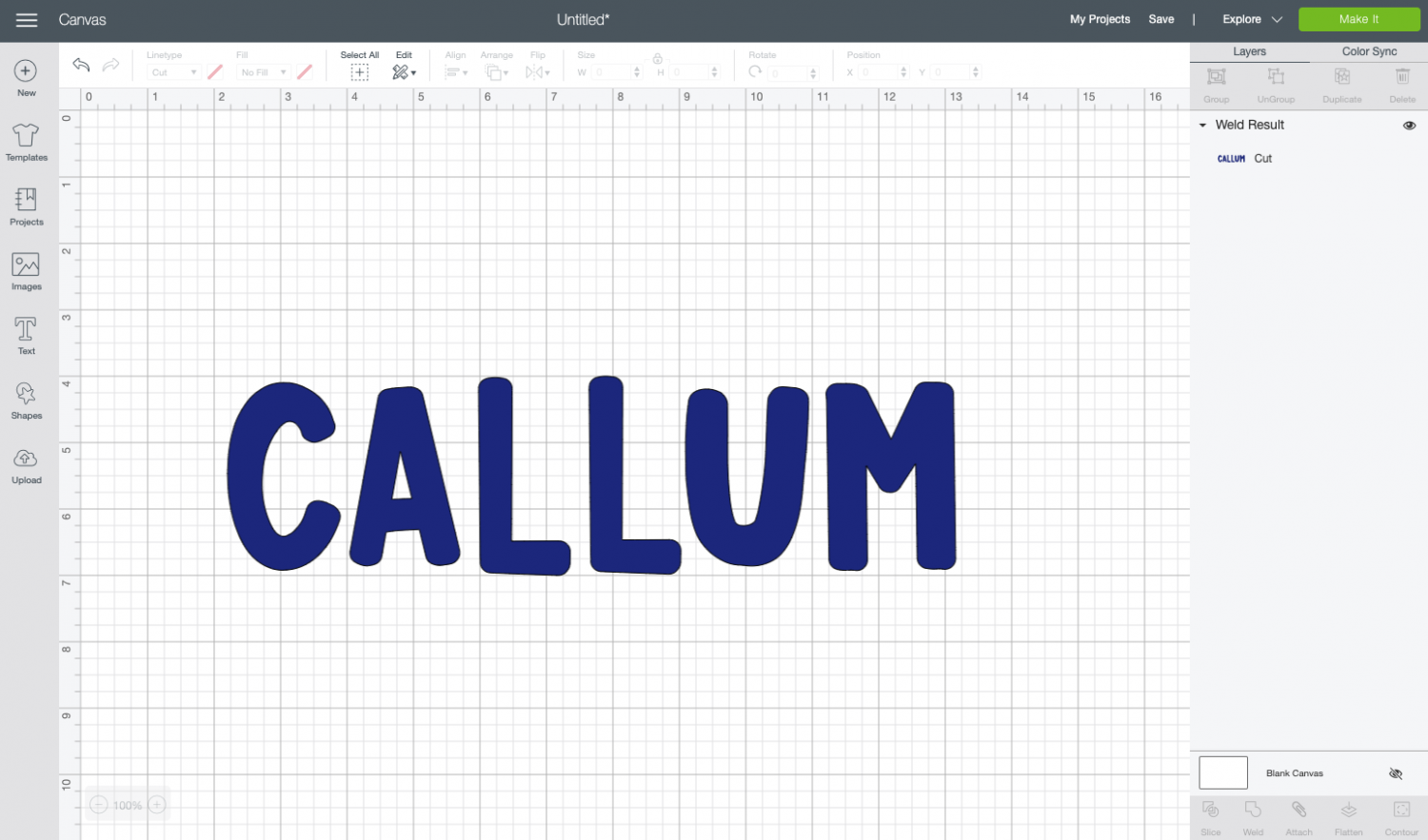 Cricut Design Space: the name Callum on the canvas.