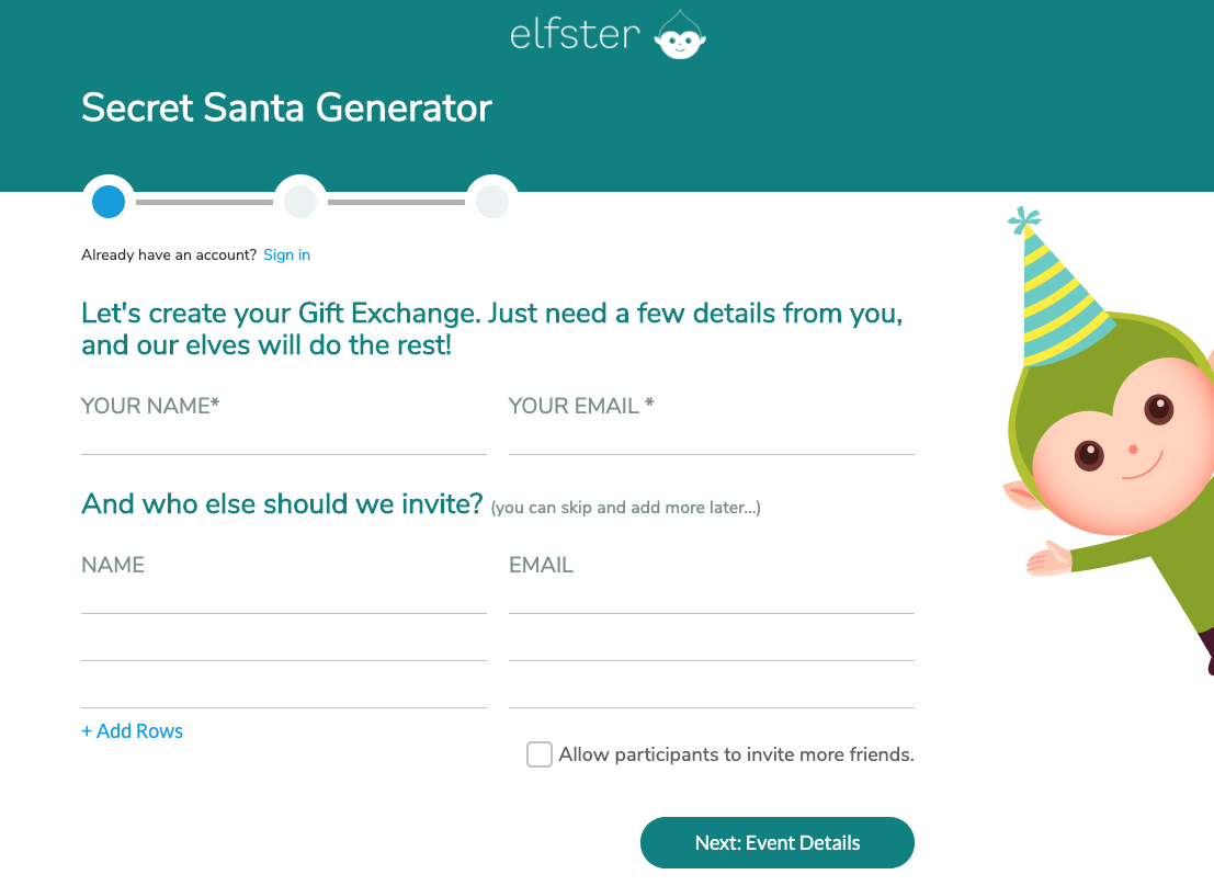 Screenshot of the Secret Santa Generator user interface, an application that can be used to invite family and friends to your Virtual Secret Santa party