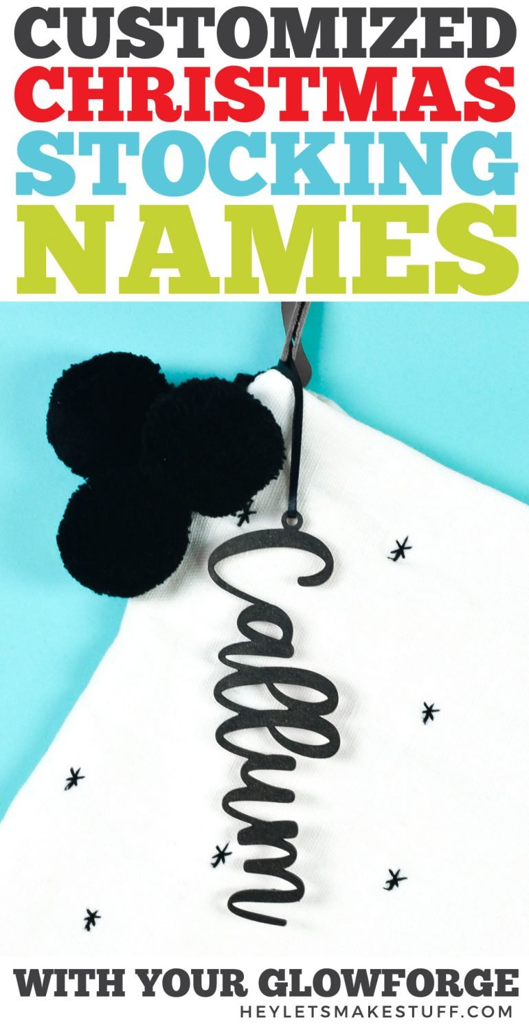 Personalized Christmas stocking with name tag created from Glowforge.  Stocking is decorated with small stars and three black pom-poms