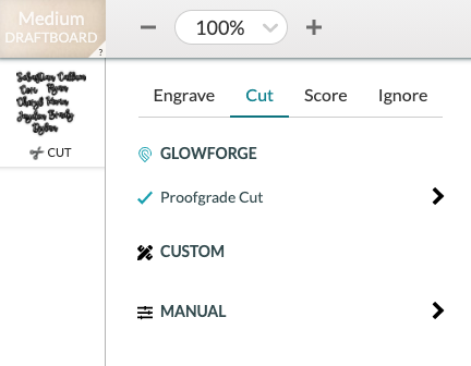 Screenshot of Glowforge settings