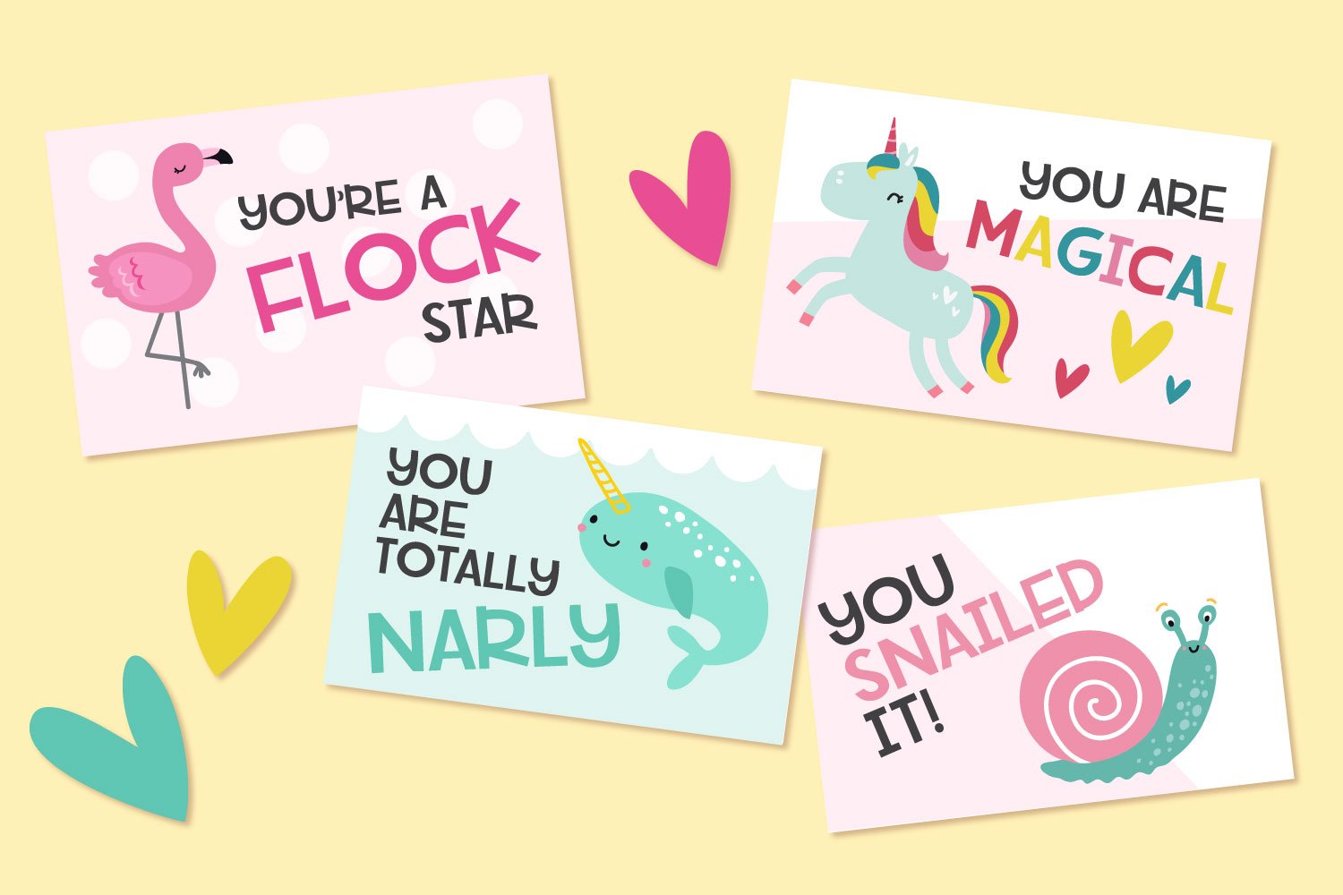 Mockup of animal pun valentines on a yellow background