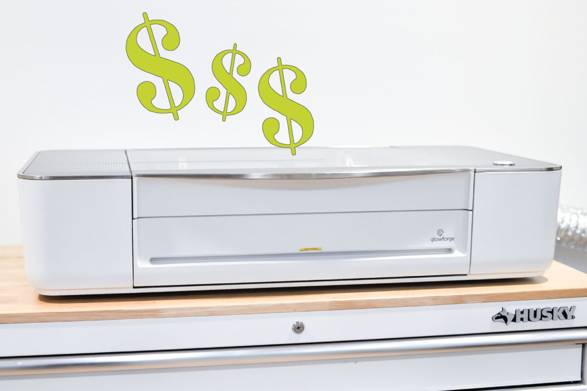 Image of Glowforge cutting machine with dollar signs