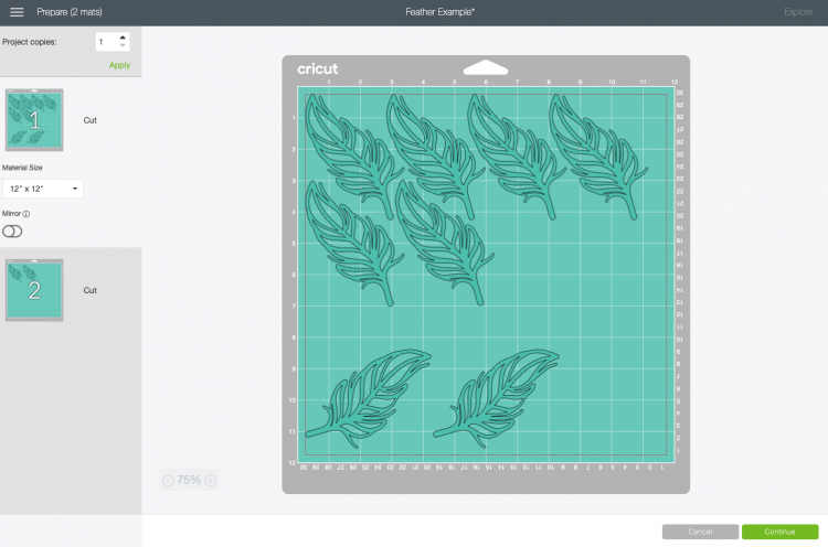 Cricut Design Space: First six feathers all nested together on the mat.
