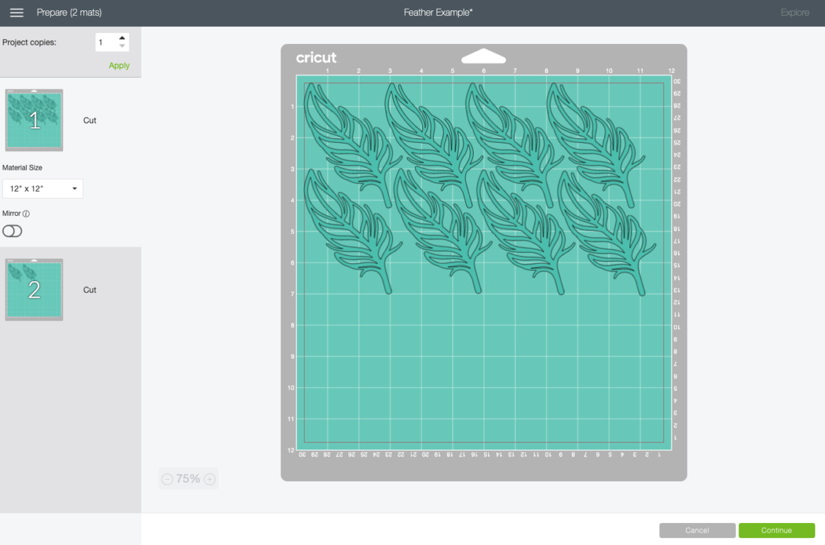 All eight feathers on the first mat nested together.