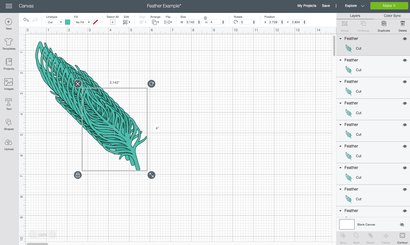 Cricut Design Space: feather duplicated 10 times