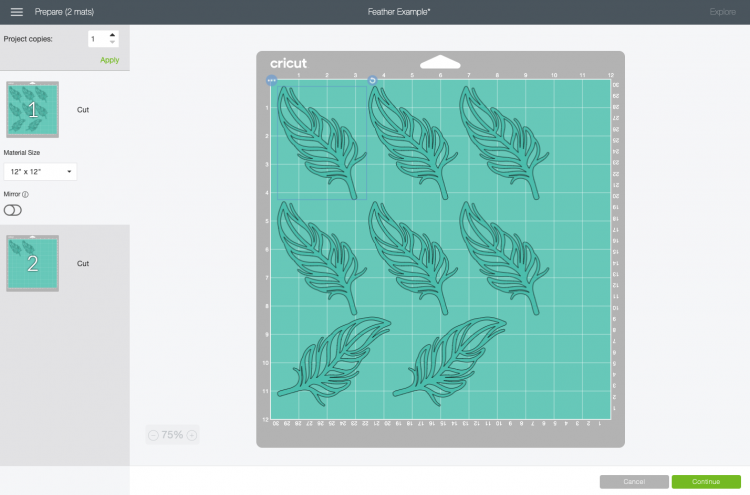 Cricut Design Space: mat showing feathers spaced how DS spaces them.