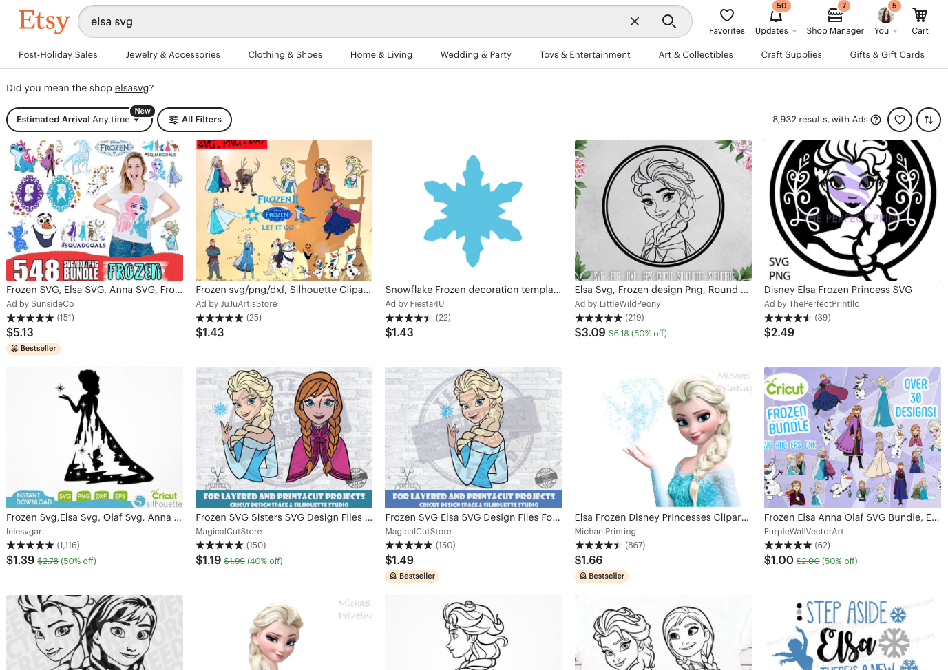 Screenshot of Etsy with Elsa (Frozen) images