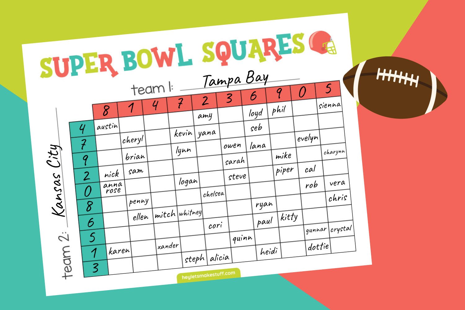 Mockup of Superbowl Squares game on teal, green, and pink background