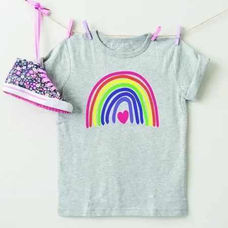 Gray t-shirt with an image of a rainbow and heart on it