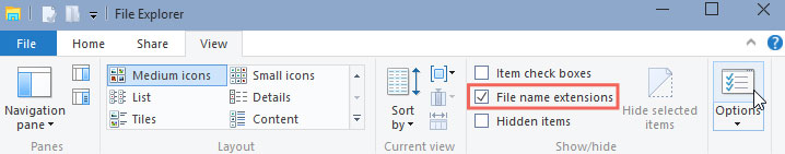 Screenshot: how to turn on file extensions