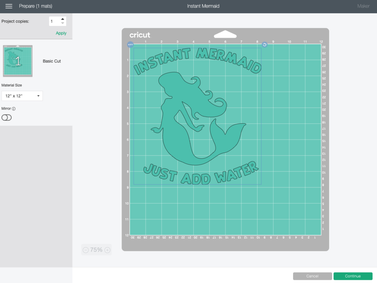 Cricut Design Space: Instant Mermaid in Prepare Screen