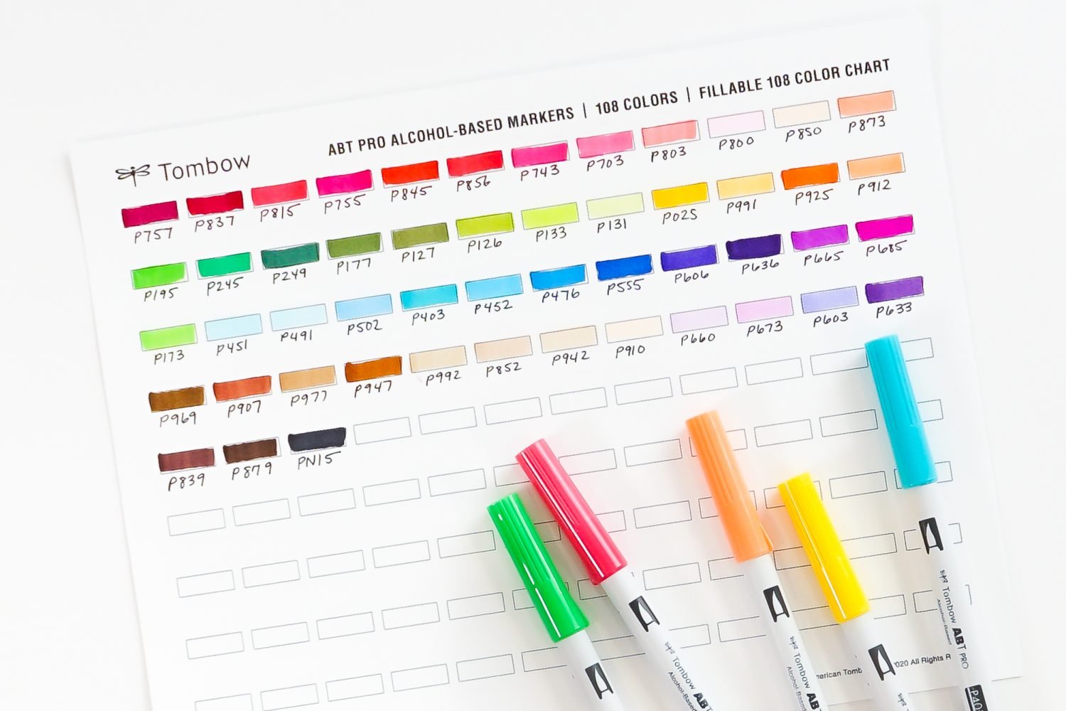 Printed color chart with pens