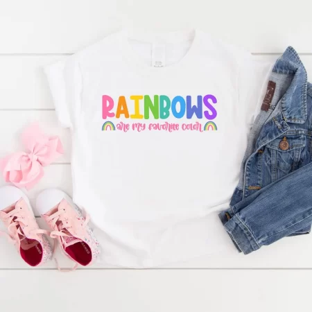 White t-shirt with the saying Rainbows are my favorite color