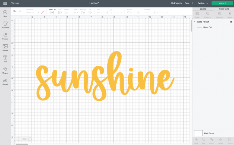 Cricut Design Space: "Sunshine" in yellow script text, the font is "Festive."