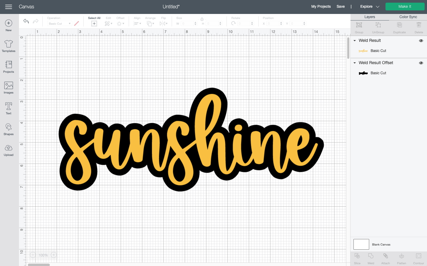 Cricut Design Space: Showing finished offset in black on the word "sunshine."