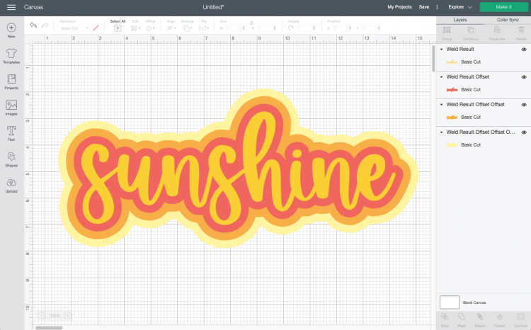 Cricut Design Space: The word "sunshine" with three offset layers to create a "retro" look