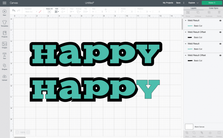 Cricut Design Space: Rounded and square offset comparison on the word "happy"