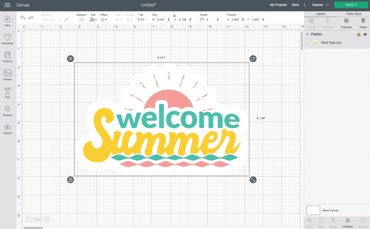 Cricut Design Space: Welcomes summer flattened image to make it a sticker