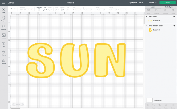Cricut Design Space: the word "sun" with an inset
