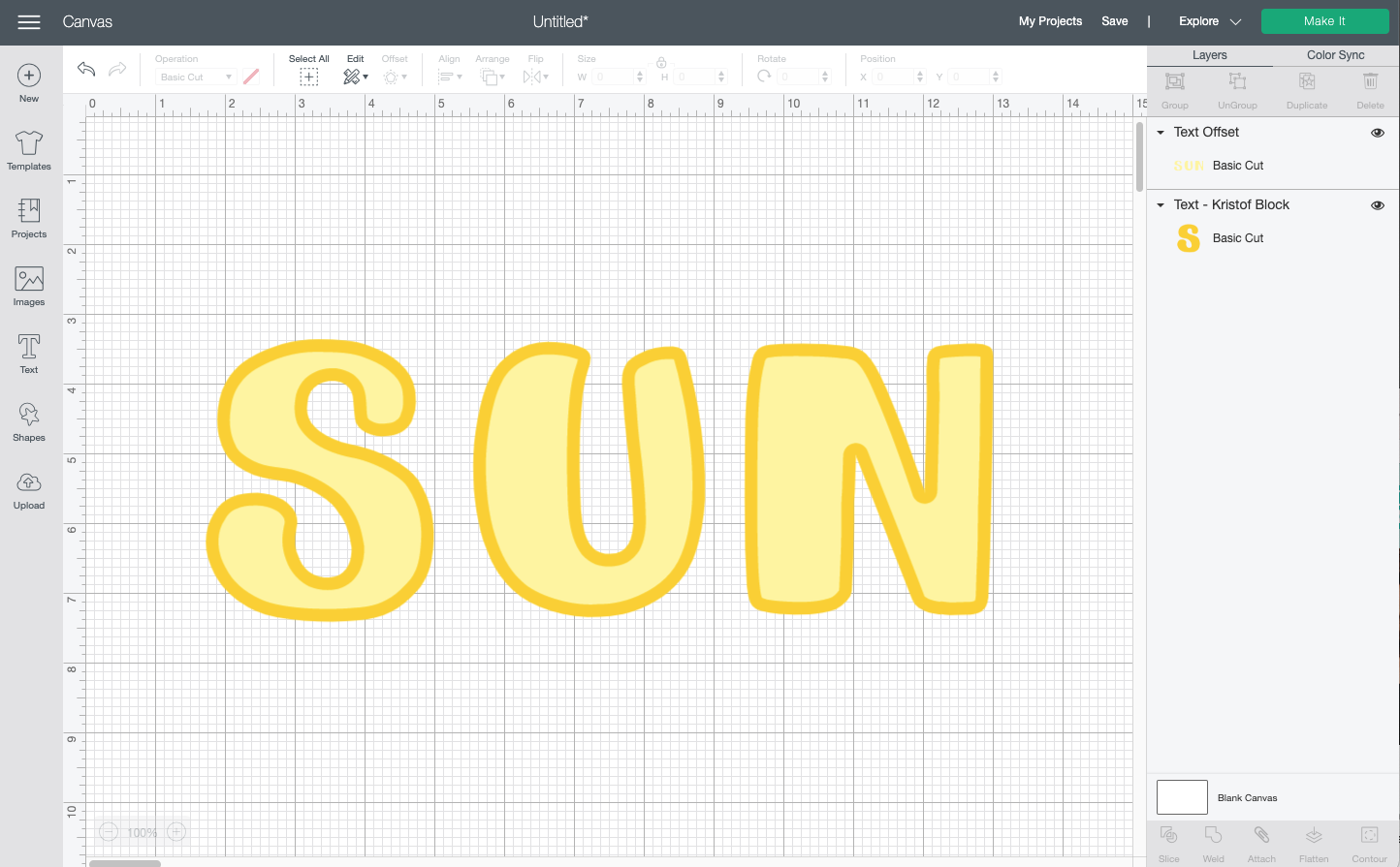 Cricut Design Space: the word "sun" with an inset