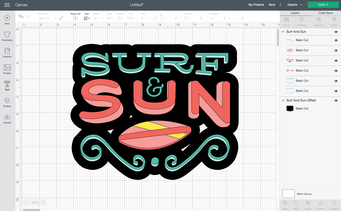 Cricut Design Space: Surf and Sun image with offset (which has "holes")