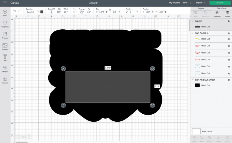 Cricut Design Space: Showing how to weld a square and the offset to get rid of the holes